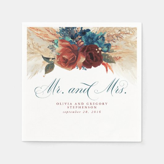 Aquamarin Blue Terracotta Floral Pampas Grass Wedd Serviette (Vorderseite)