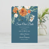 Aquamarin Blue Terracotta Herbst Foto Hochzeit Save The Date (Stehend Vorderseite)