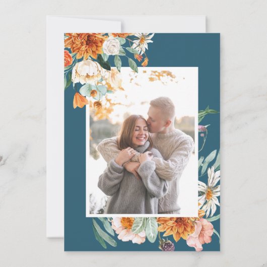 Aquamarin Blue Terracotta Herbst Foto Hochzeit Save The Date (Rückseite)