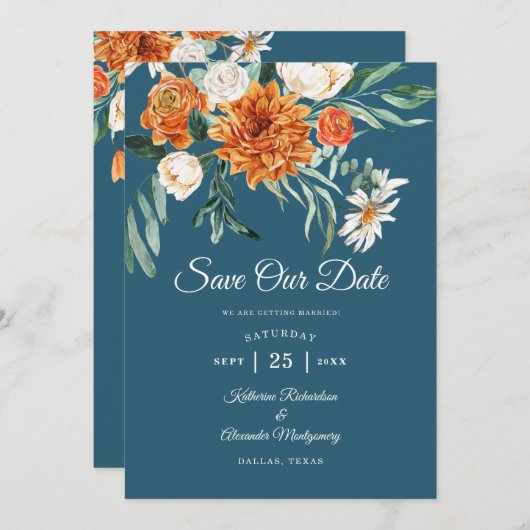 Aquamarin Blue Terracotta Herbst Foto Hochzeit Save The Date (Vorne/Hinten)