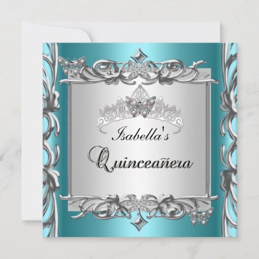 Aquamarin Blue Tiara Quinceanera 15. Geburtstag Einladung (Vorderseite)