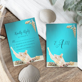 Aquamarin Blue Türkise Seashell Beach Wedding RSVP Karte