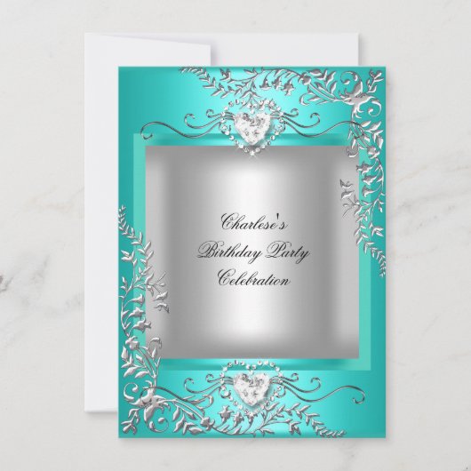 Aquamarin Blue Turquoise Silver Birthday Party Einladung (Vorderseite)