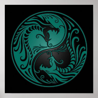 Aquamarin Blue und Black Yin Yang Dragons Poster
