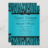Aquamarin Blue und Black Zebra Bow Sweet 16 Geburt Einladung (Vorne/Hinten)
