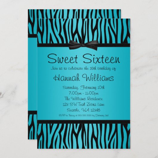 Aquamarin Blue und Black Zebra Bow Sweet 16 Geburt Einladung (Vorne/Hinten)