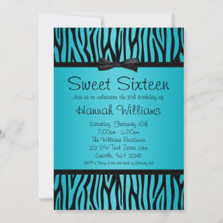 Aquamarin Blue und Black Zebra Bow Sweet 16 Geburt Einladung