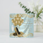 Aquamarin Blue und Gold Geburtstagsparty Glamour S Einladung (Stehend Vorderseite)