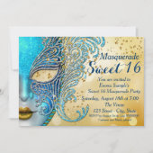 Aquamarin Blue und Gold Sweet 16 Masquerade Party Einladung (Vorderseite)