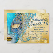 Aquamarin Blue und Gold Sweet 16 Masquerade Party Einladung (Vorne/Hinten)