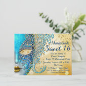 Aquamarin Blue und Gold Sweet 16 Masquerade Party Einladung (Stehend Vorderseite)