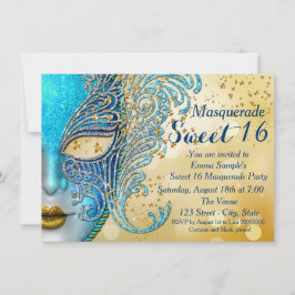 Aquamarin Blue und Gold Sweet 16 Masquerade Party Einladung