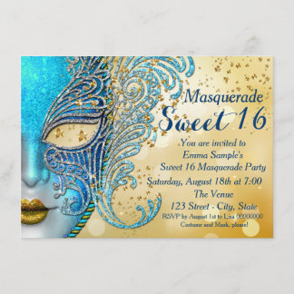 Aquamarin Blue und Gold Sweet 16 Masquerade Party Einladung