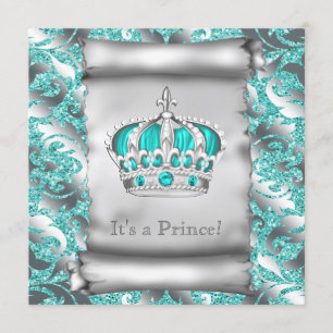 Aquamarin Blue und Silver Prince Boy Baby Dusche Einladung