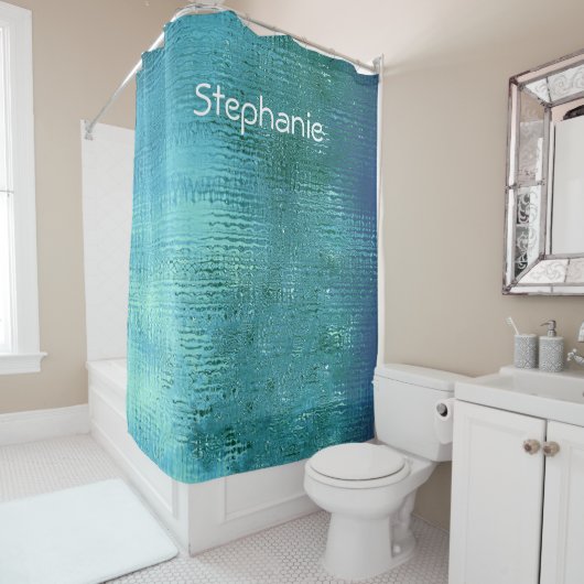 Aquamarin Blue Water Abstrakt Shiny Mit Monogramm  Duschvorhang (Beispiel)
