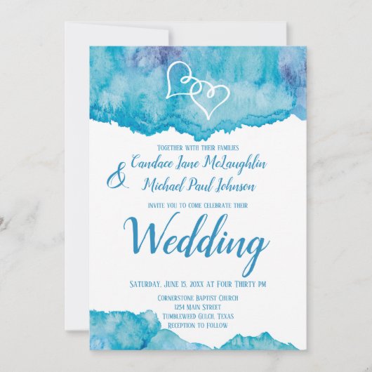 Aquamarin Blue Watercolor Doppelherzen Hochzeit Einladung (Vorderseite)