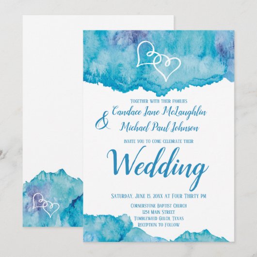 Aquamarin Blue Watercolor Doppelherzen Hochzeit Einladung (Vorne/Hinten)