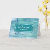 Aquamarin Blue Watercolor Mitarbeiter Willkommen i Karte (Gelbe Blume)