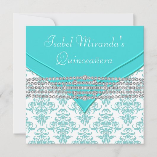 Aquamarin Blue White Damask Diamond Quinceanera Einladung (Vorderseite)