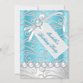 Aquamarin Blue White Pearonds Geburtstagsparty 4 Einladung