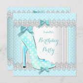 Aquamarin Blue White Polka Dot High Heel Geburtsta Einladung (Vorne/Hinten)