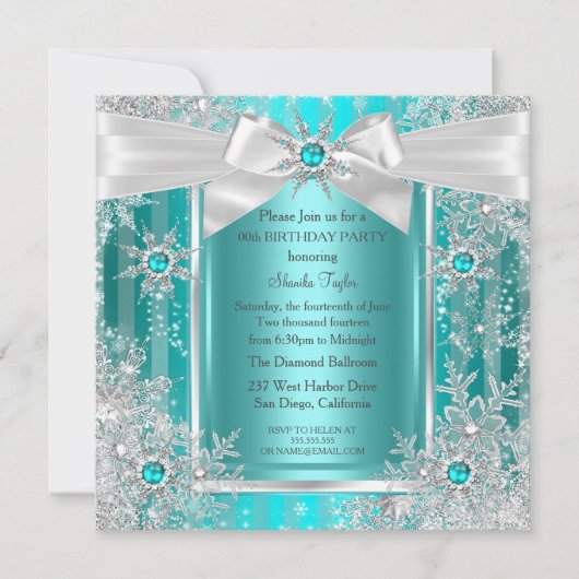 Aquamarin Blue Winter Wonderland Snowflake Silberb Einladung (Vorderseite)