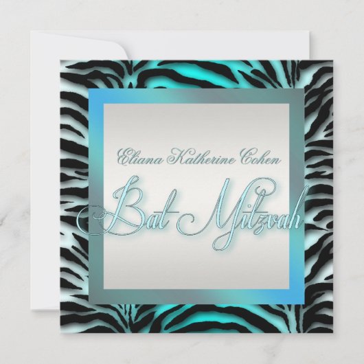 Aquamarin Blue Zebra Bat Mitzvah Einladungen (Vorderseite)