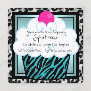 Aquamarin Blue Zebra Cupcake Geburtstagsparty Einladung