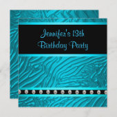Aquamarin Blue Zebra Girls 13. Geburtstagsparty Einladung (Vorne/Hinten)