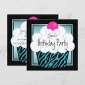 Aquamarin Blue Zebra Girls Cupcake Geburtstagspart Einladung (Vorne/Hinten)