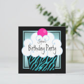 Aquamarin Blue Zebra Girls Cupcake Geburtstagspart Einladung (Stehend Vorderseite)