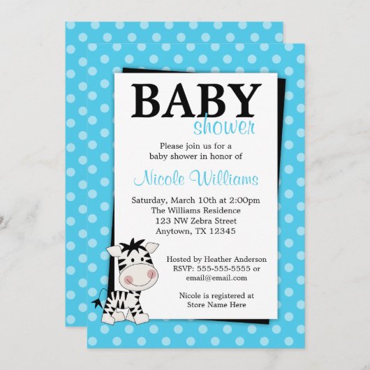 Aquamarin Blue Zebra Polka Dot Baby Dusche Einladu Einladung (Vorne/Hinten)