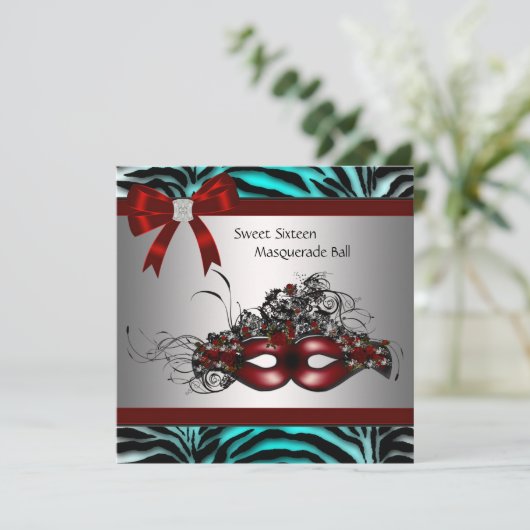Aquamarin Blue Zebra Sweet 16 Masquerade Party Einladung (Stehend Vorderseite)