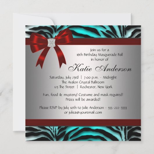 Aquamarin Blue Zebra Sweet 16 Masquerade Party Einladung (Rückseite)