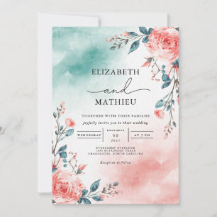 Aquamarin Blush Floral Romance Hochzeit Einladung