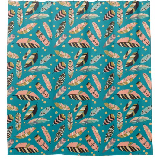 Aquamarin Boho Feather Pattern Duschvorhang (Vorderseite)