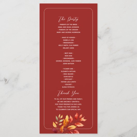 Aquamarin Boho Hochzeit im Herbst Programm (Rückseite)