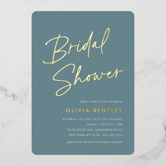 Aquamarin | Boho Minimalistisch Script Brautparty Folieneinladung (Vorderseite)