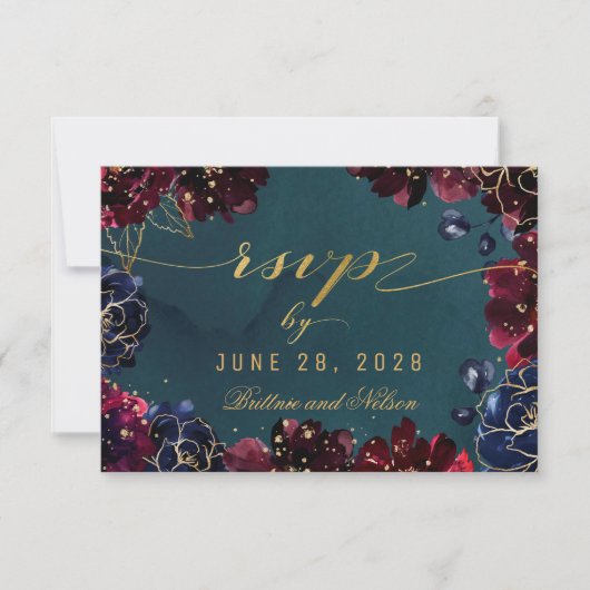 Aquamarin Bordeaux Sapphire Jewel Tone Wedding Ret RSVP Karte (Vorderseite)