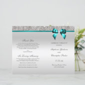 Aquamarin Bow Silver Sequins Hochzeitsprogramm (Stehend Vorderseite)
