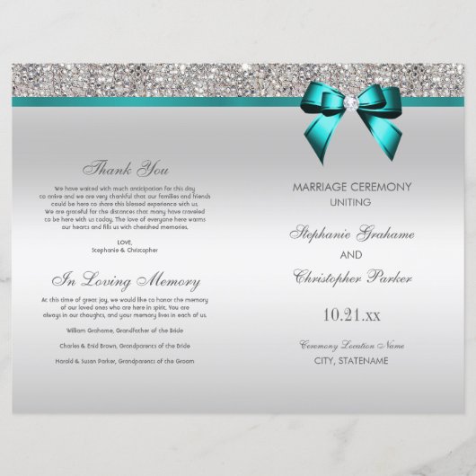 Aquamarin Bow Silver Sequins Hochzeitsprogramm (Vorderseite)