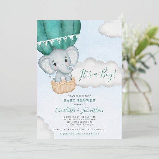 Aquamarin Boy Elephant Balloon Babydusche Einladung (Stehend Vorderseite)