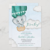 Aquamarin Boy Elephant Balloon Babydusche Einladung (Vorne/Hinten)