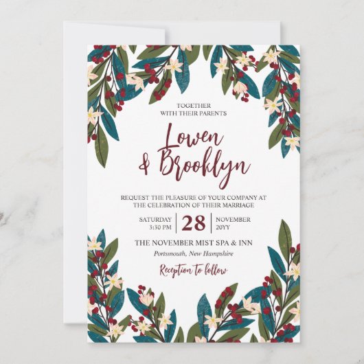 Aquamarin & Burgund Floral Berry Twigs Wedding Einladung (Vorderseite)
