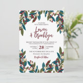 Aquamarin & Burgund Floral Berry Twigs Wedding Einladung (Stehend Vorderseite)