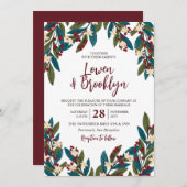 Aquamarin & Burgund Floral Berry Twigs Wedding Einladung (Vorne/Hinten)