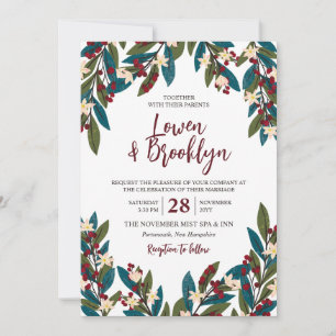 Aquamarin & Burgund Floral Berry Twigs Wedding Einladung