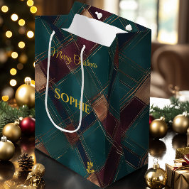 Aquamarin, Burgund & Gold Crisscross Karierte Weih Mittlere Geschenktüte