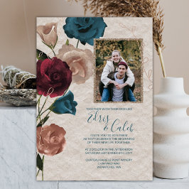 Aquamarin, Burgund, Rose Gold Rose Hochzeit Folieneinladung