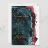 Aquamarin & Burgund Wasserfarbe Save the Date Einladung (Vorderseite)